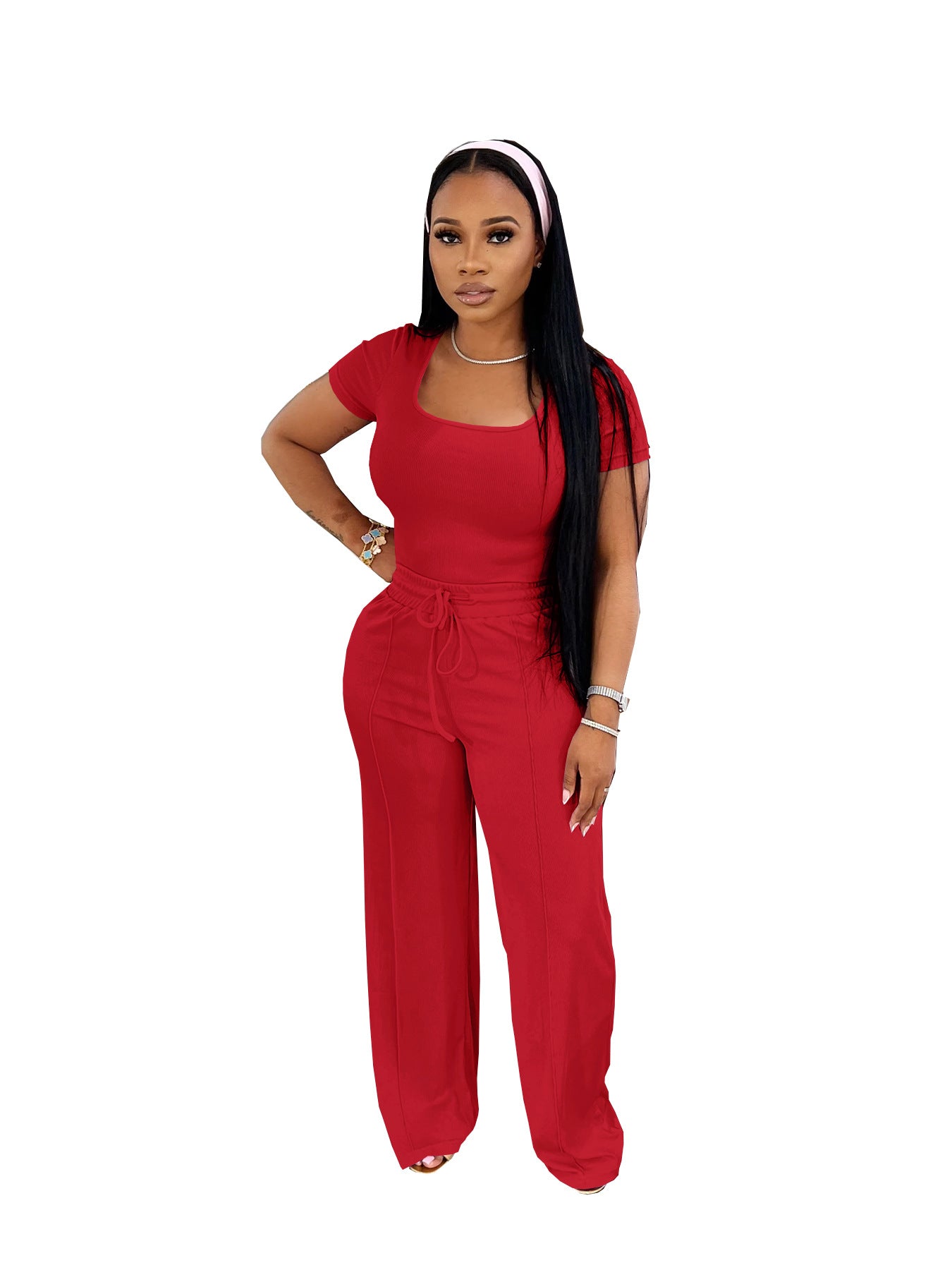 Women's summer Career fashion solid color square neck short sleeve top high waist wide leg Pants Casual Two Piece Set 6