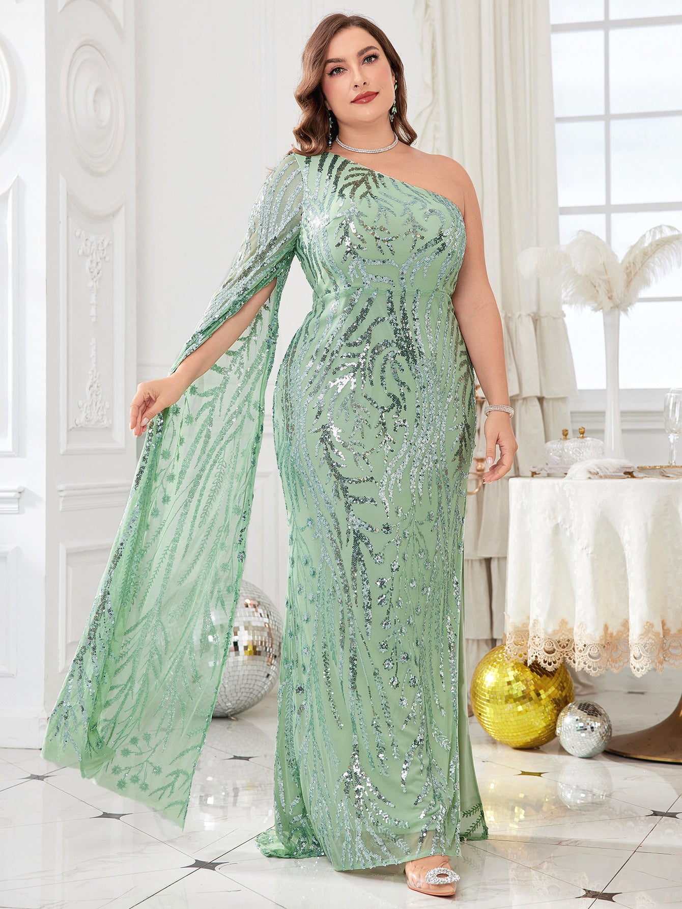Plus Size Women One Shoulder Slash Shoulder Formal Party Sexy Sequin Evening Dress 6