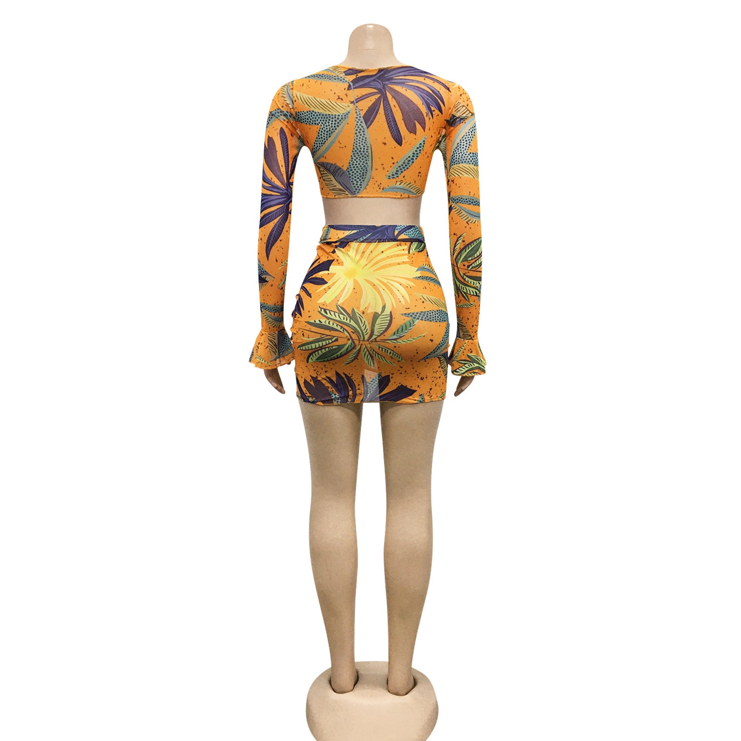 Women Printed V-Neck Lace-Up Long-Sleeved Top and Drawstring Skirt Two-Piece Set 19