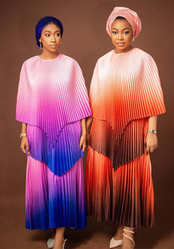 Plus Size women's clothing Slim Fit two-piece pleated gradient top pleated long skirt