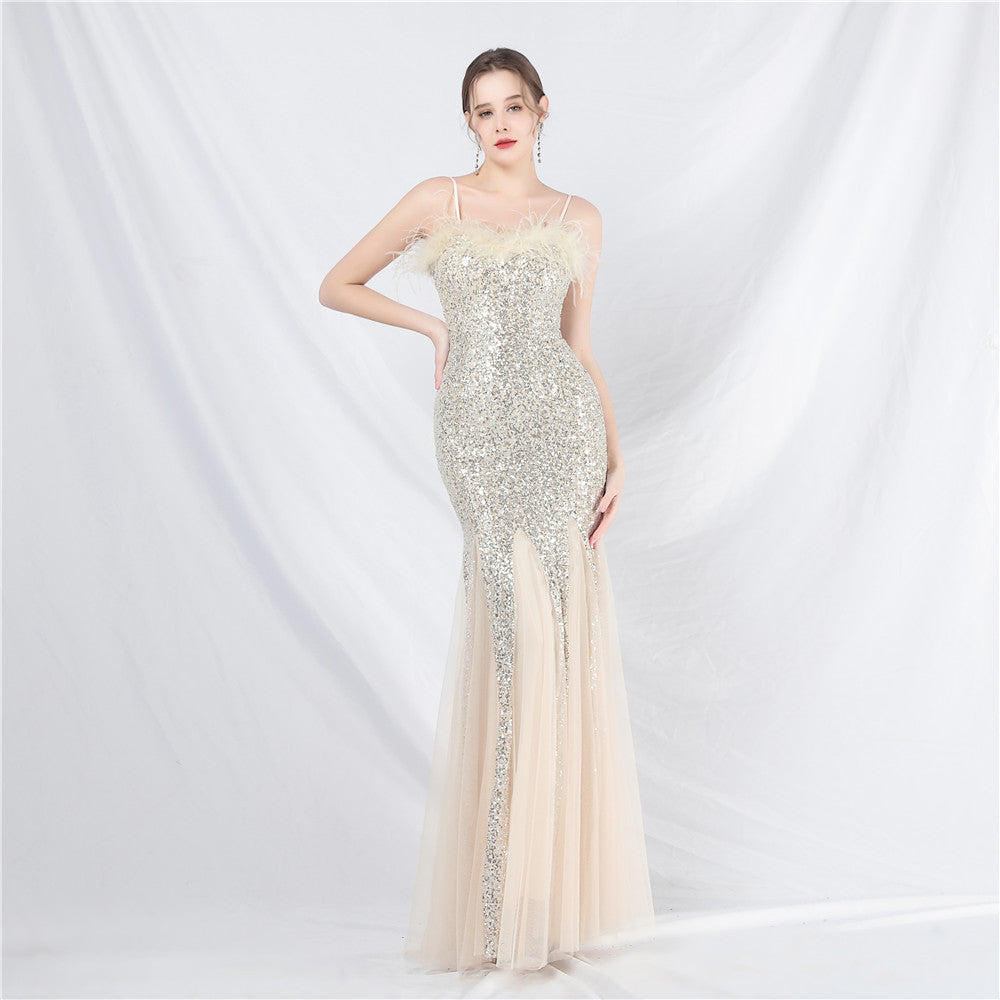 luxury feather mesh sequined long evening dress 14
