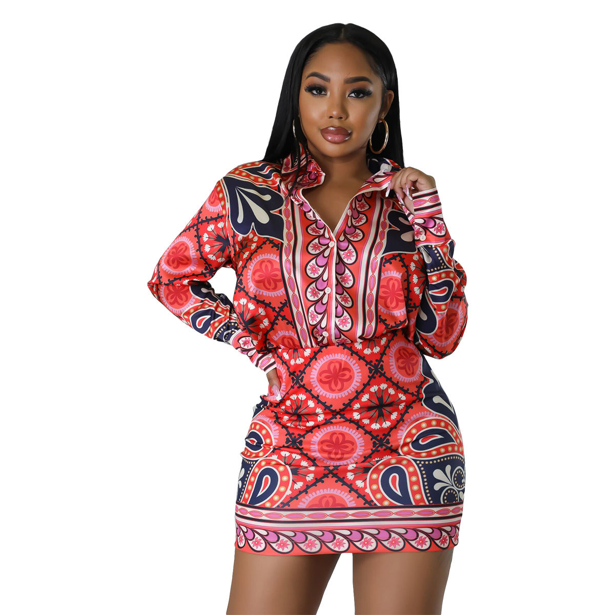 Casual Long Sleeve Printed Shirt Slim Short Skirt Sexy Two-Piece Set 7