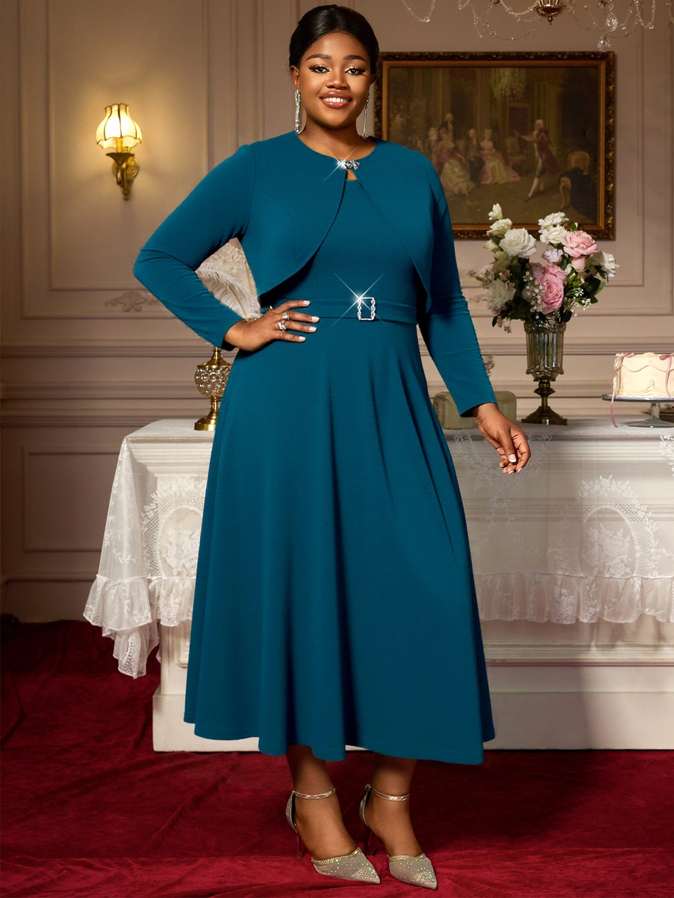 Plus-Size Women Two-Piece Diamond-Embroidered Cape Set Elegant Formal Party Dress for Mother's Birthday 4