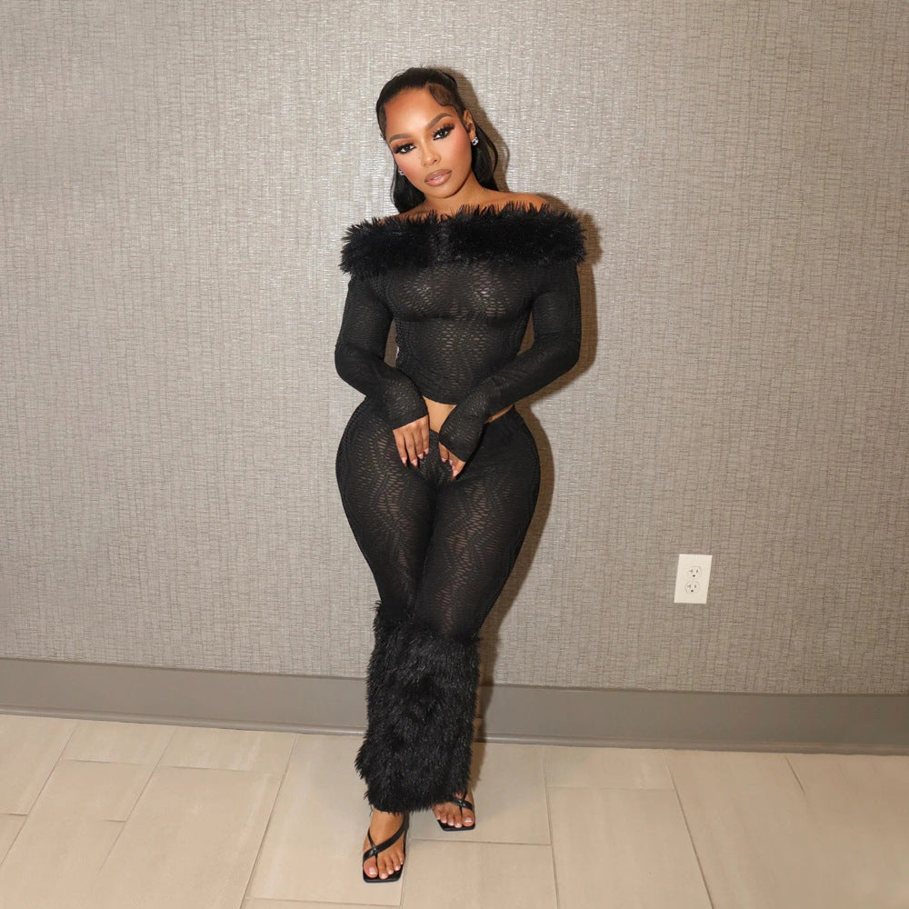 Long Sleeve Off-Shoulder Top & Slim Trousers Furry Two-Piece Set