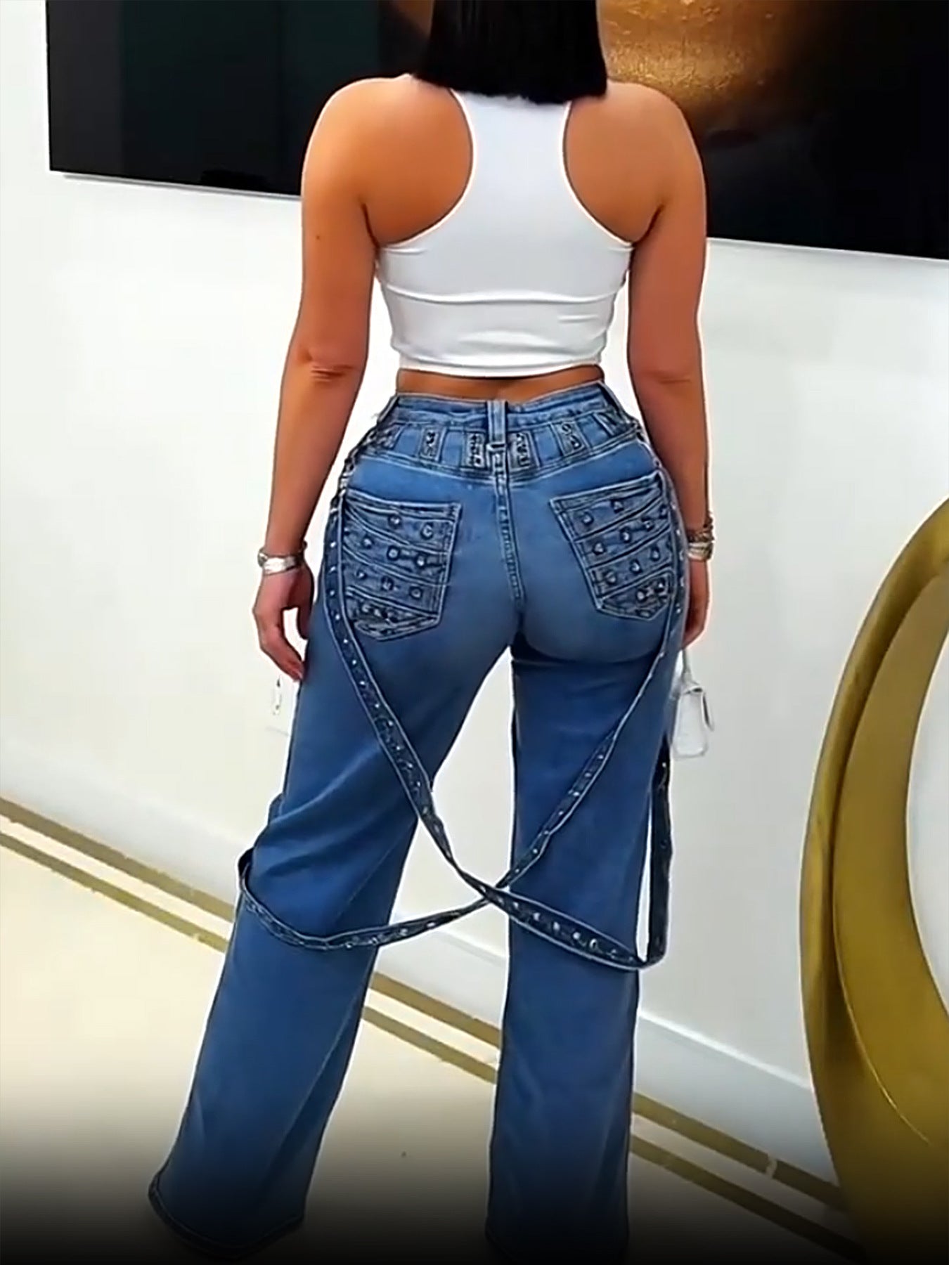 Women's Fashion High Waist Denim Pants Metal Studs Casual Trousers