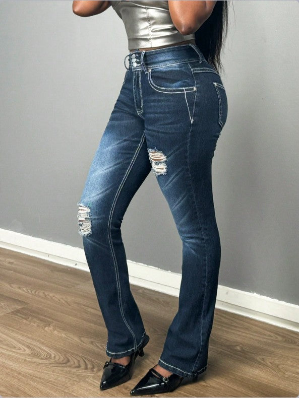 Women Ripped Dark Blue Denim Pants
