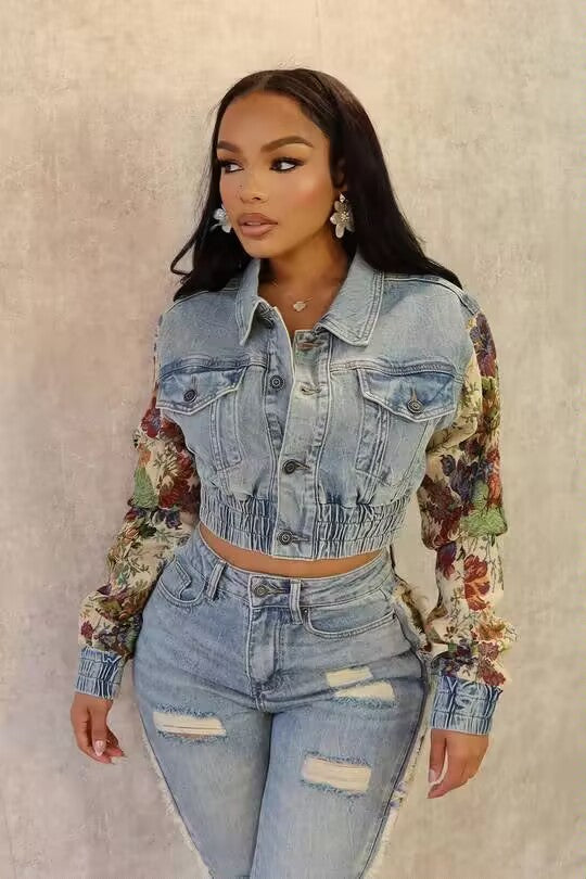 Women Printed Stretch Denim Jacket 3