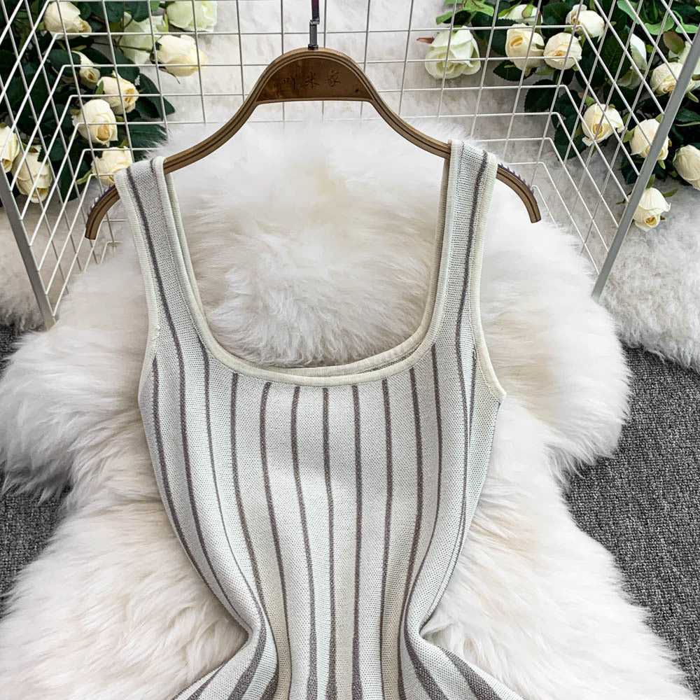 Chic Elegant Stripes Slim Waist Strap Knitting A-line Short Dress for Women 17