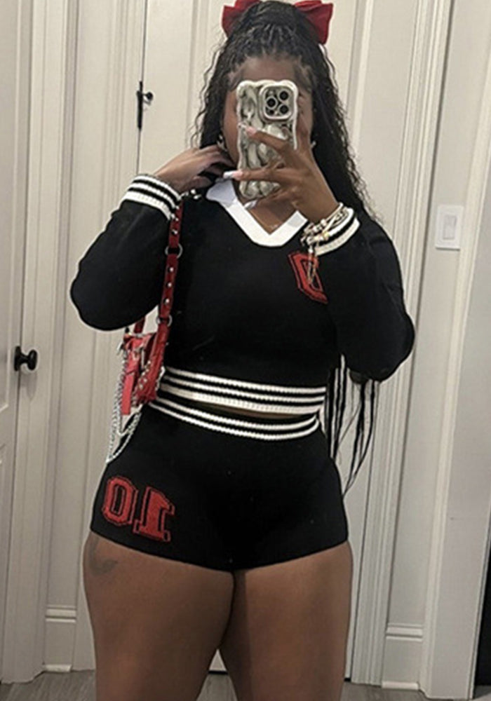 Women Sexy Long Sleeve Crop Top and shorts knitting Two Piece Set