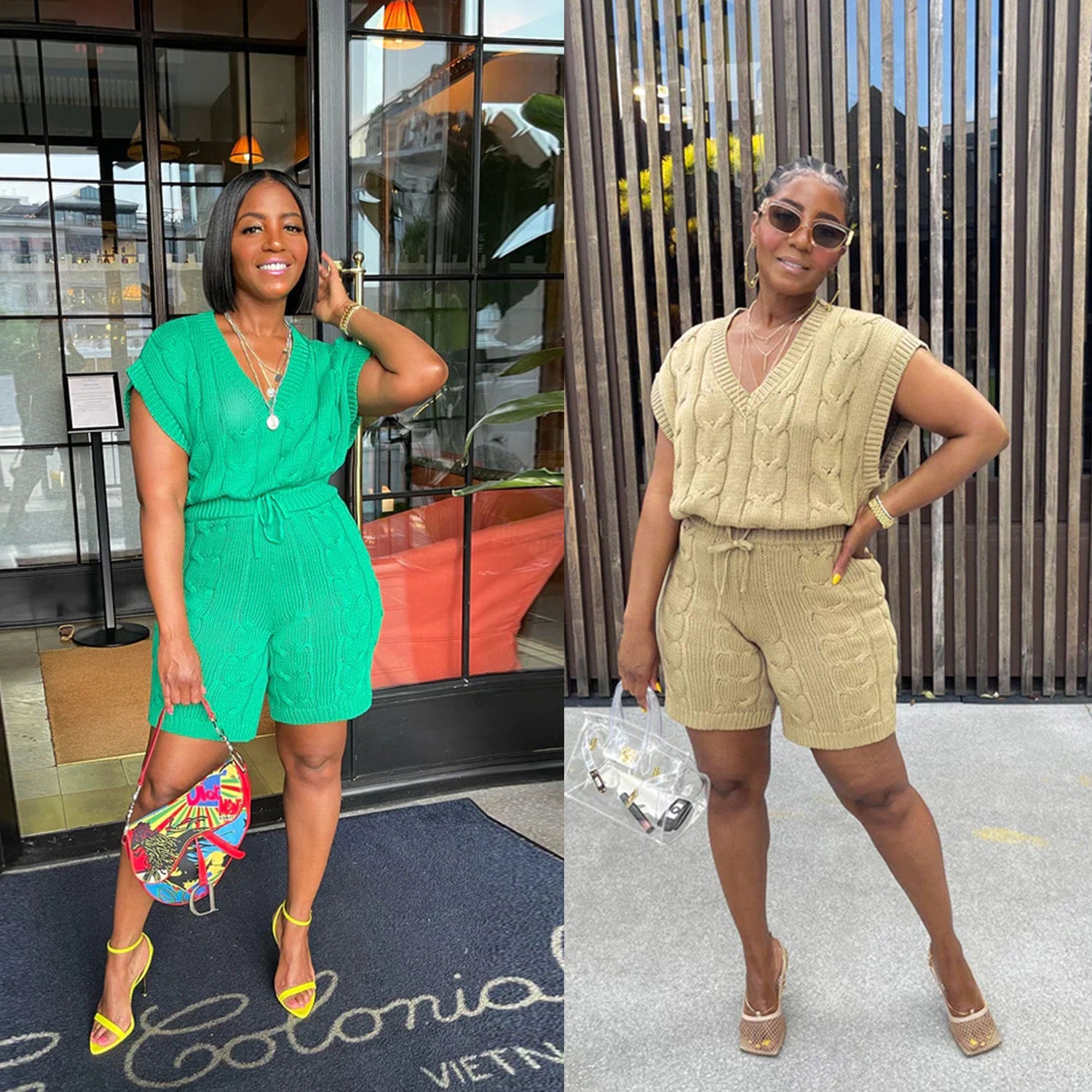 Sexy Solid Deep V Neck Sleeveless Loose Sweater Slim Shorts Two Piece Set 5