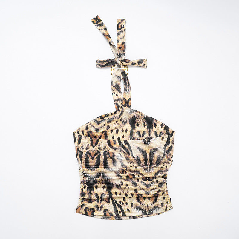 Women's Sexy Print Halter Neck Lace-Up Strapless Top with Slit Skirt Two-Piece Set 17