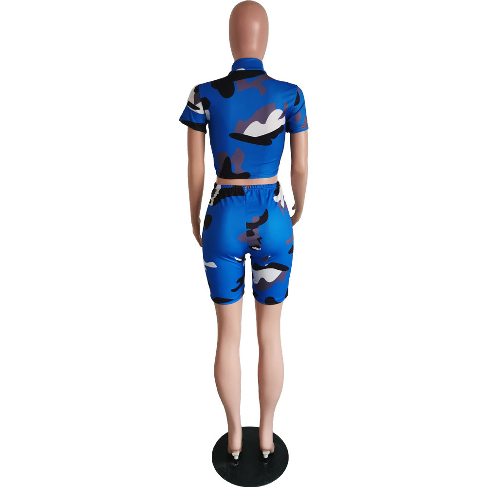 Women's Sexy Camouflage Short Sleeve Zipper High Waist Two-Piece Set 12