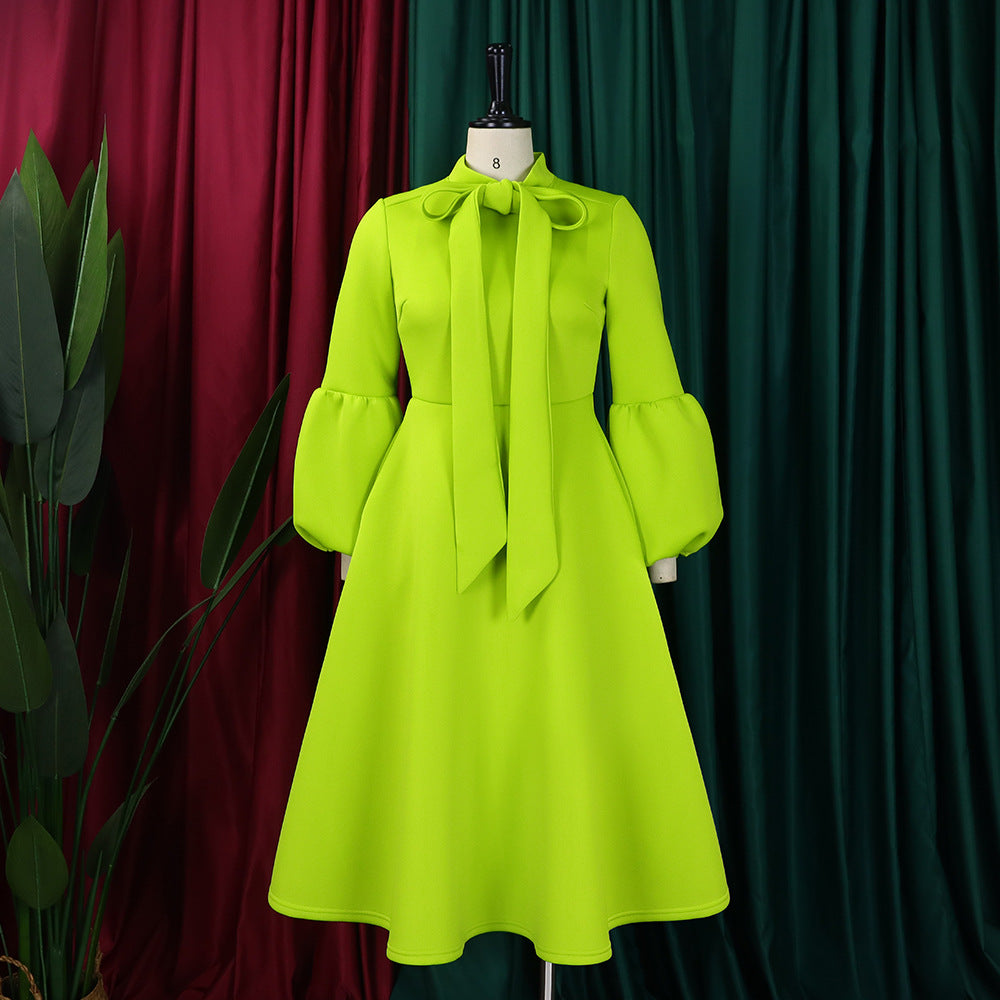 Women's Puff Sleeve Bow Tied High Waist A-Line Party Dress 23