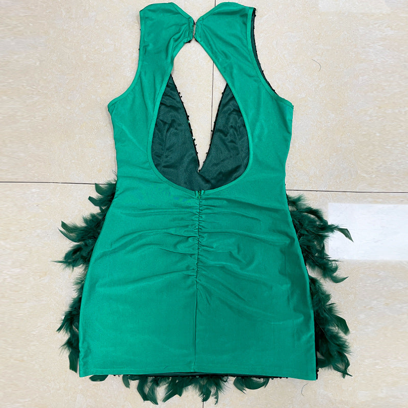 Summer Women's Deep V Neck Low Back Sequin Feather Bodycon Dress 31