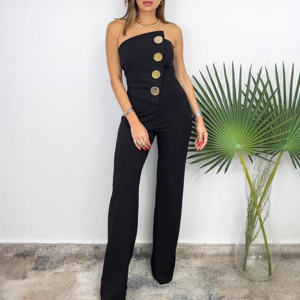 Summer Sexy Solid Color Strapless Button Flared Jumpsuit For Women 12