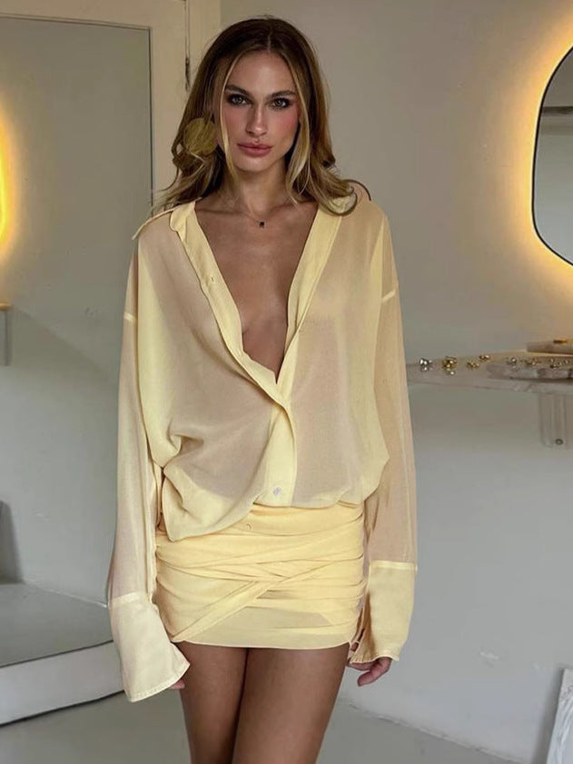 Women's Lace-Up Long Sleeve Button Up Short Dress 11