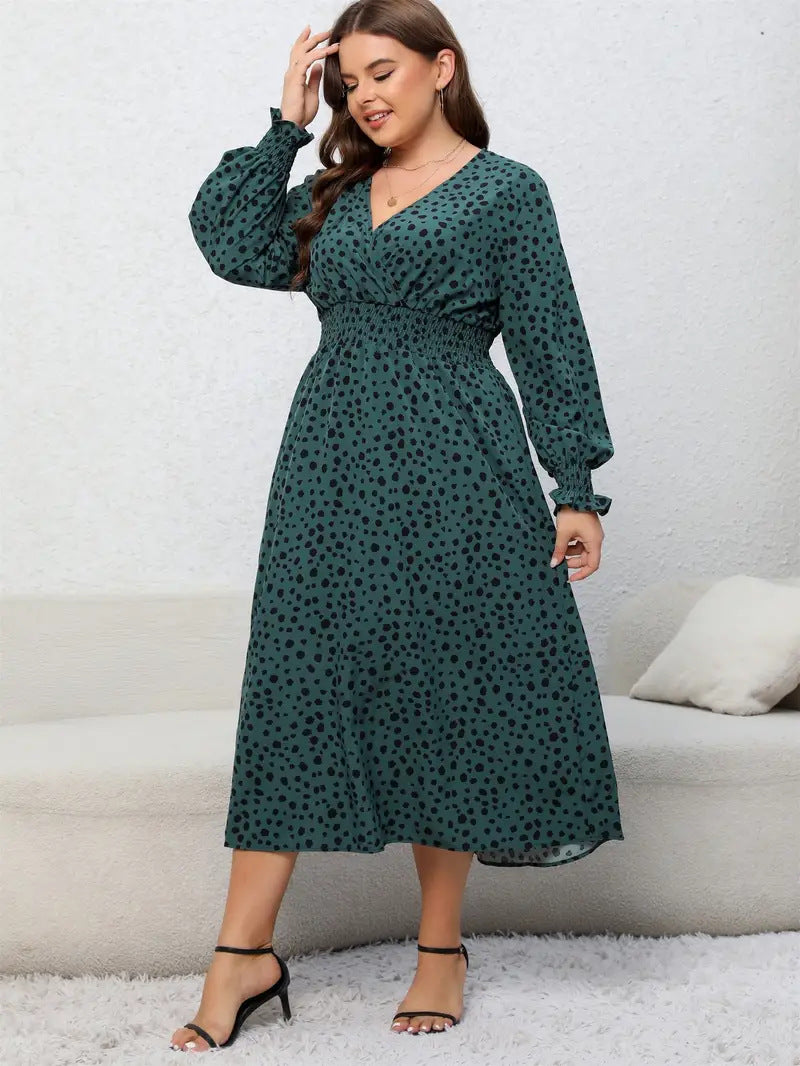 Plus Size Women Autumn V-Neck Printed Dress 6