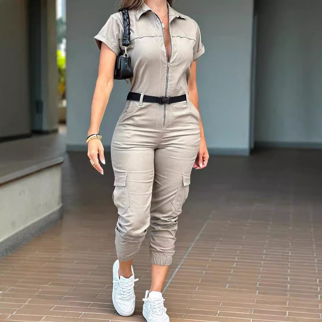 Women's Fashion Zipper Cargo Jumpsuit Short-Sleeved Turndown Collar Pocket Belt Jumpsuit 6
