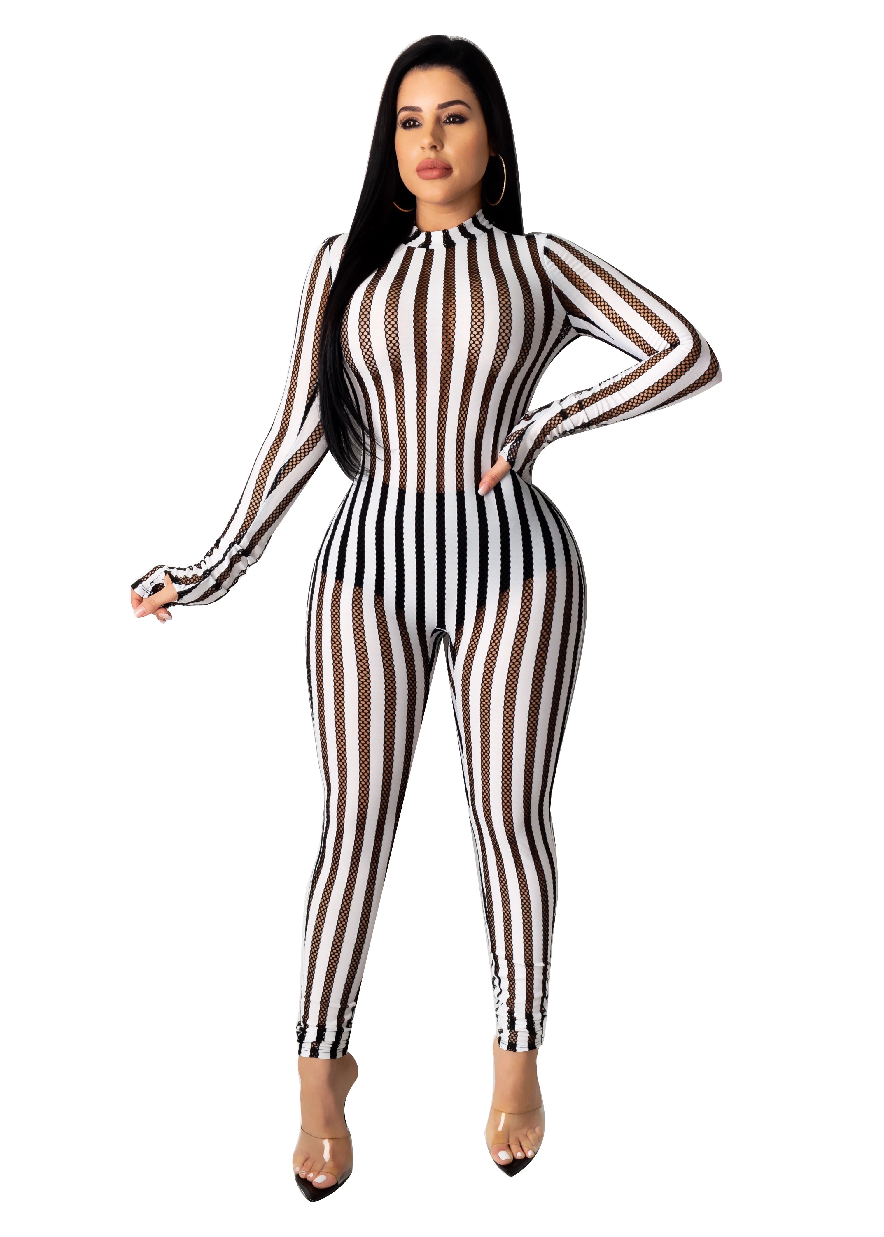 Striped Mesh Patchwork Casual Sexy Stretch Jumpsuit 15