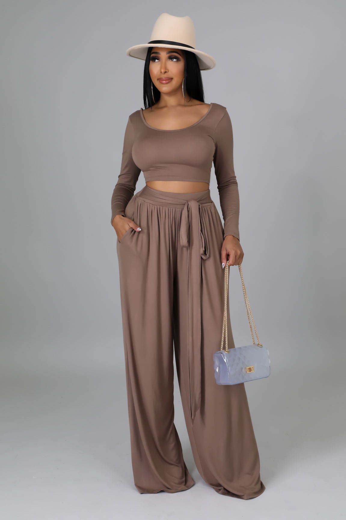 Fashion Solid Color Casual Round Neck Long-Sleeved Top Wide-Leg Trousers Two Piece Set 11