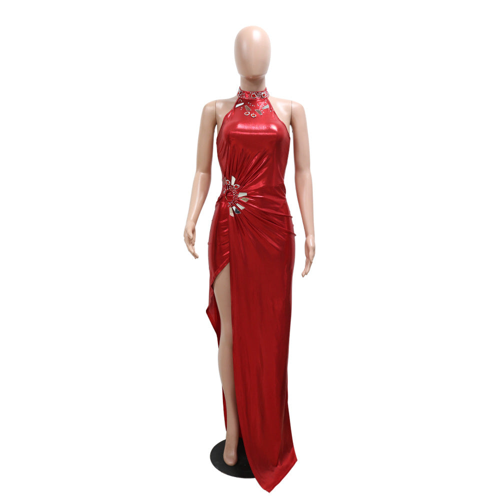Women Sleeveless High Slit Solid Beaded Maxi Dress 12