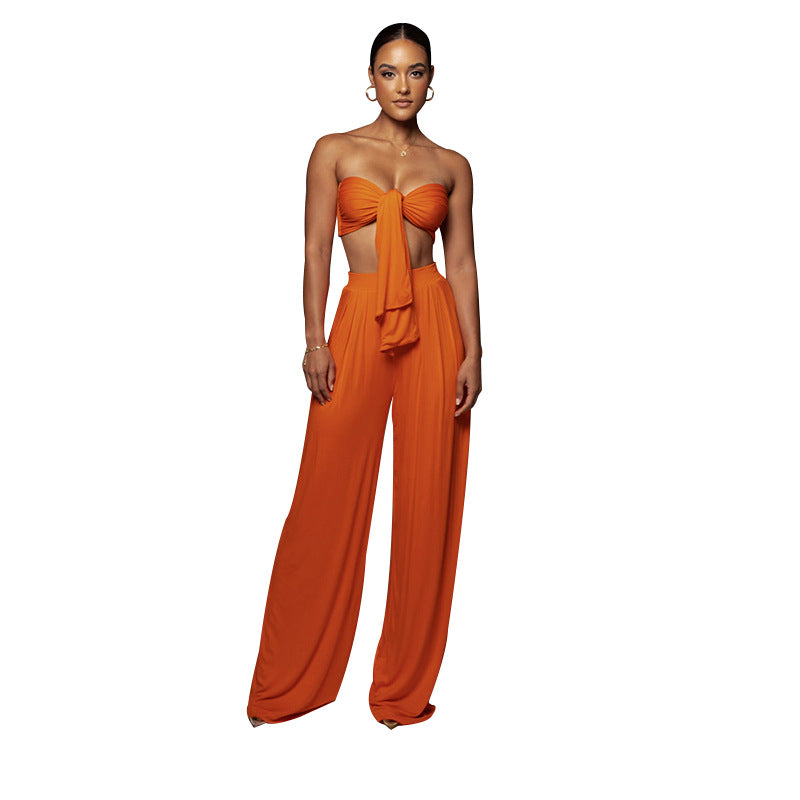 Women's Sexy Solid Color Tie Strapless Top Mid-Waist Wide Leg Pants Fashion Casual Two Piece Set 8