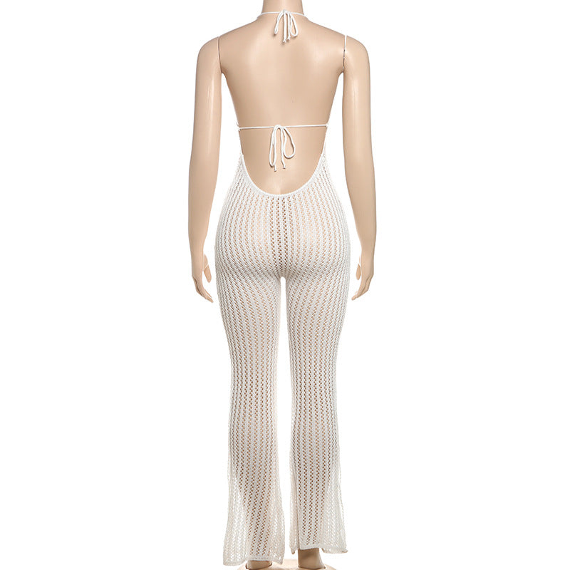 Spring Sexy Halter Neck Low Back Slim Flared Jumpsuit 10