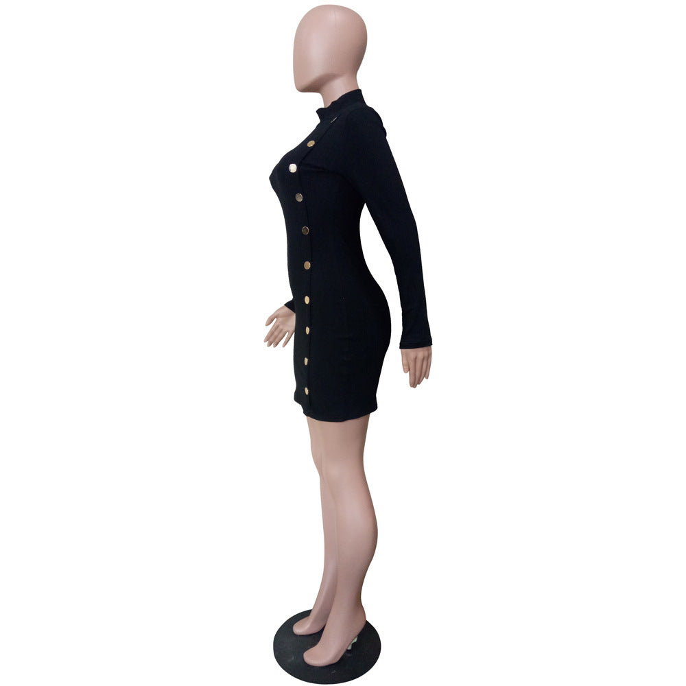 Women Fall and Winter Solid Single-breasted Asymmetric Sweater Dress 6