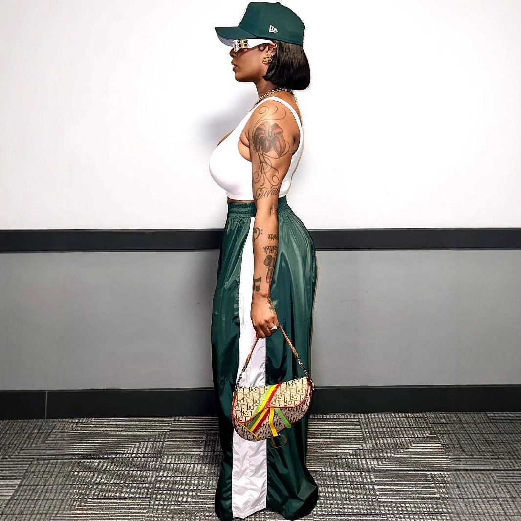 Women casual color matching drawstring wide leg pants 6