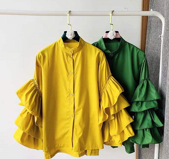 Women multi-layered ruffled Bell Bottom loose-sleeved Stand Collar shirt 9