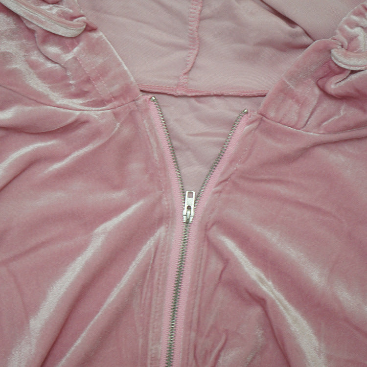 Women's Autumn Solid Velvet Hooded Long Sleeve Tight Fitting Two Piece Tracksuit 27