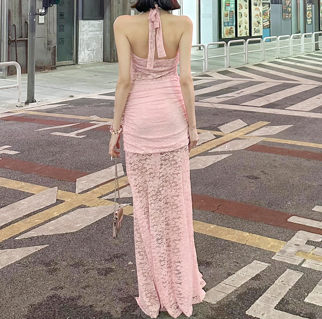 Summer Fashion Chic Elegant Lace Patchwork Halter Neck Slit Long Dress 16