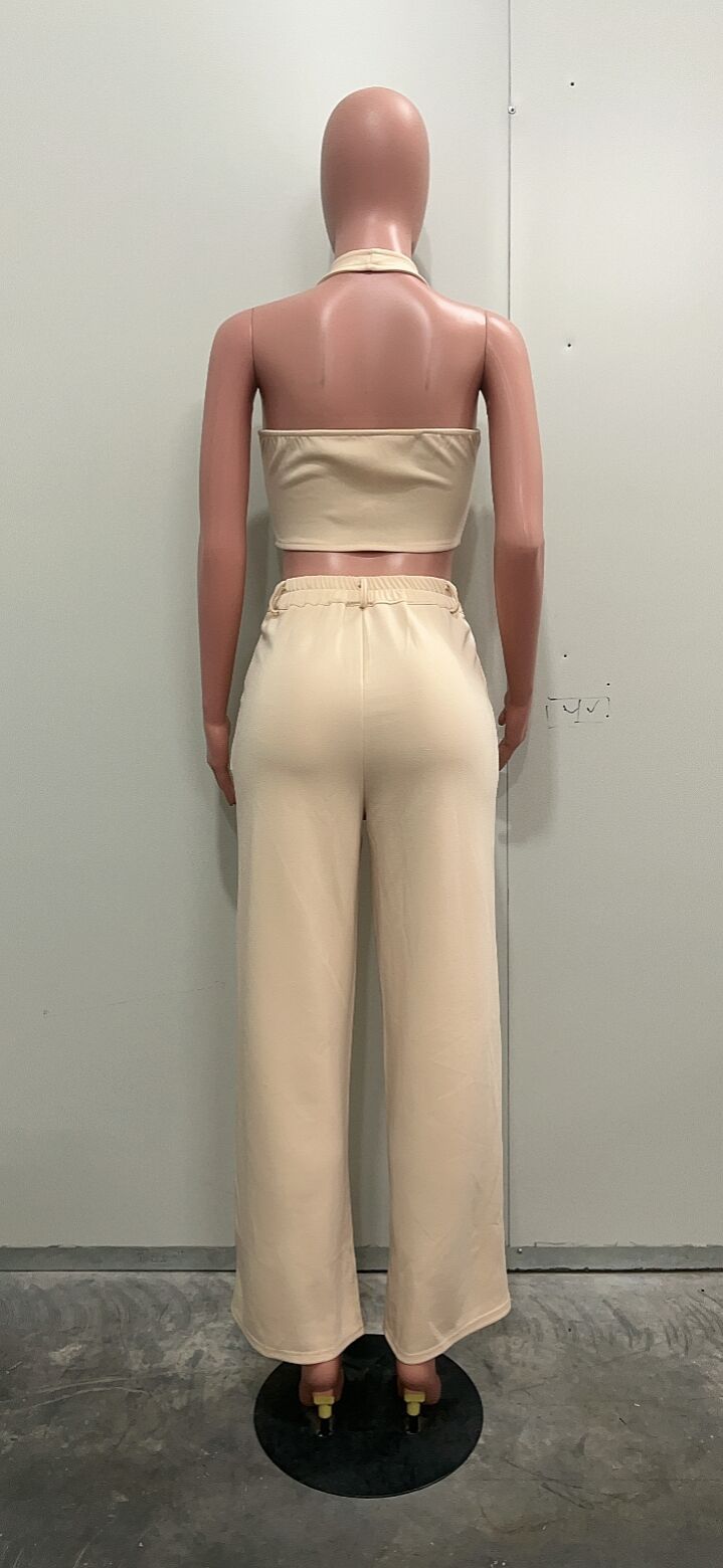 Women solid v-neck Halter Neck vest and PantTwo Piece Set 10