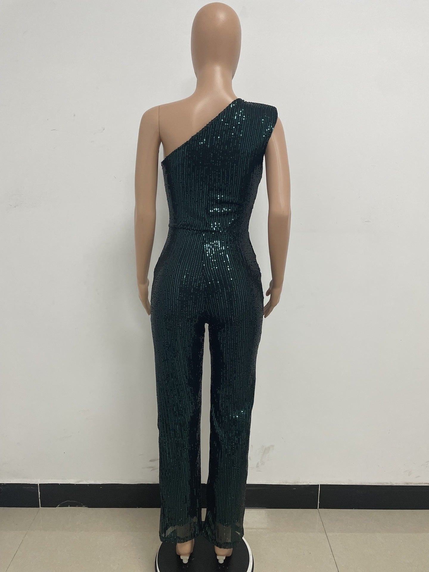 Women's Sleeveless One Shoulder Low Back Sequined Jumpsuit 43