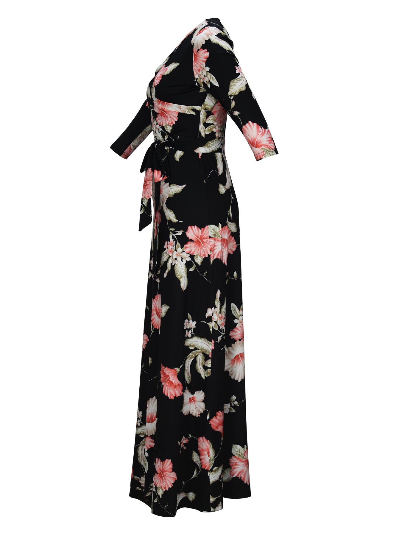 Spring & Autumn Women's Fashion Elegant Wrap V-Neck Half-Sleeve Print Belt Maxi Dress 100