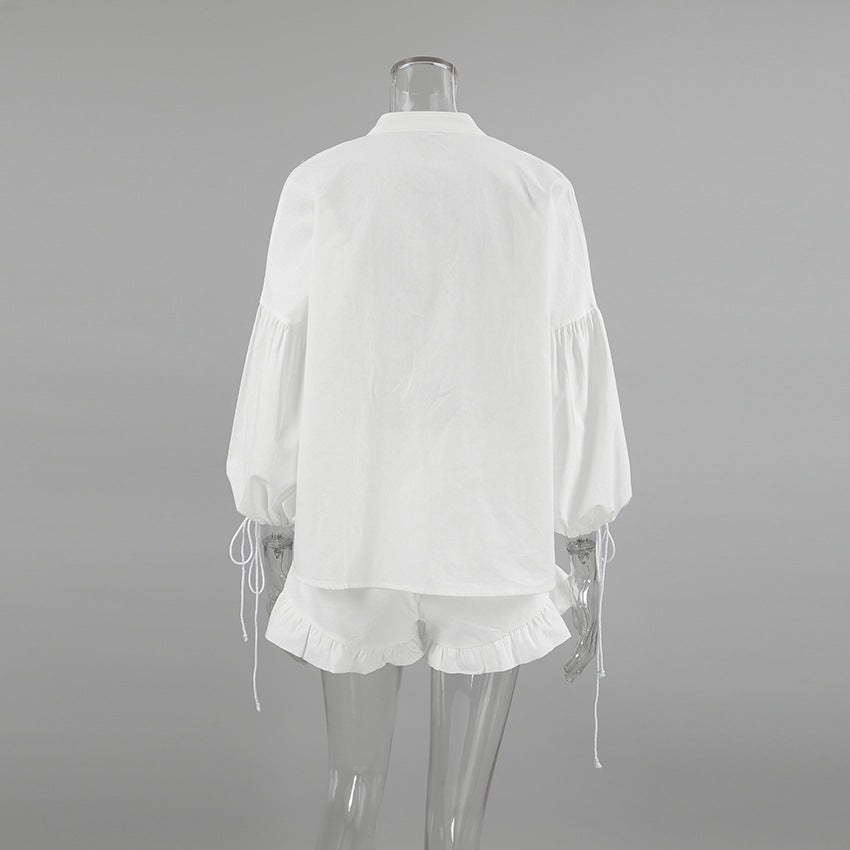 Women Spring White V-neck Lantern Sleeve Long Sleeve Top and Shorts Two-piece Set 9