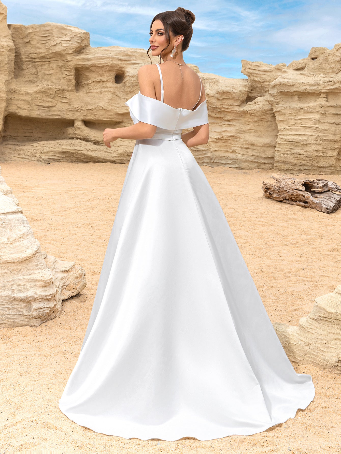 Women Slit White Off Shoulder Suspender Elegant Evening Dress 3