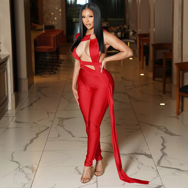 Women's Spring and Summer Ring Hollow Strap Jumpsuit 9