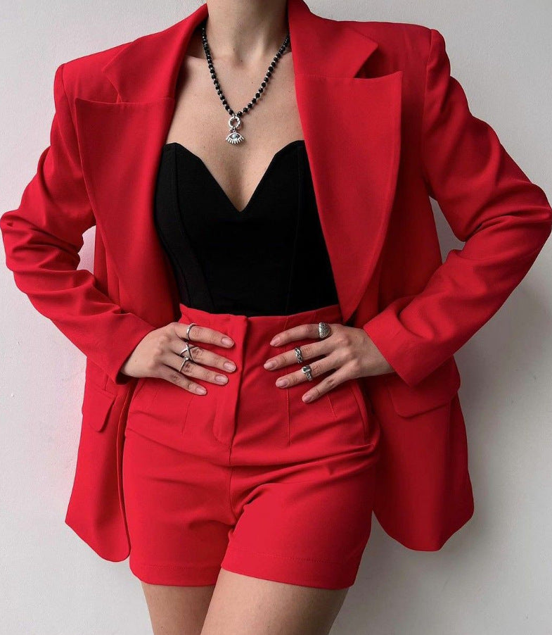 Women Long Sleeve Blazer and Shorts Two Piece Set 9