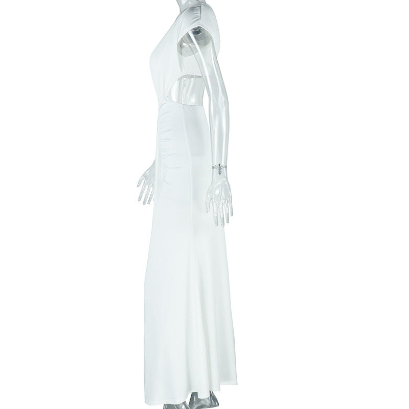 Women's Fashion Solid Color Slash Shoulder Sleeveless Ribbon Fishtail Chic Long Dress 10