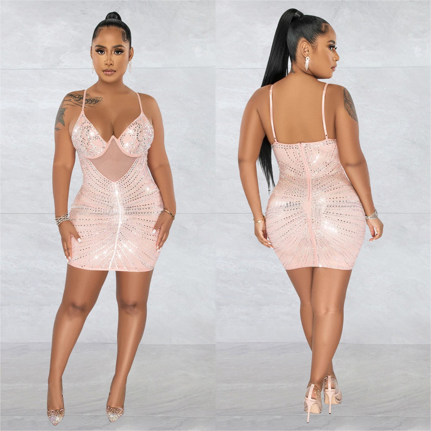 Women's Fashion Beaded Mesh straps Sleeveless club Dress 5