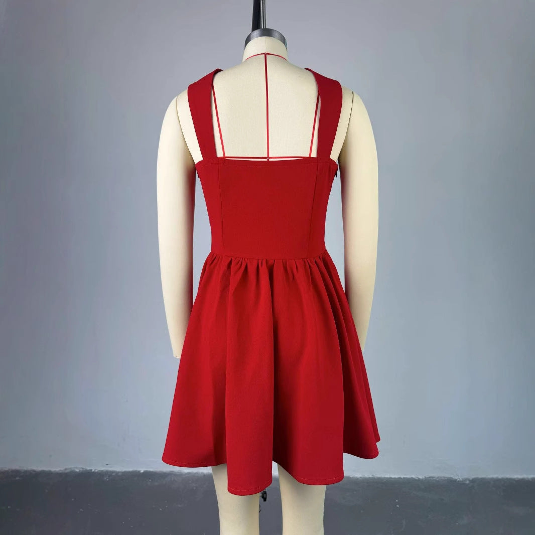 Women's Autumn Square Collar Button Decoration High Waist Bodycon Short Dress