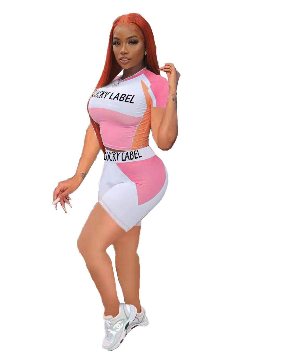 Women's Letter Colorblock Print Short Sleeve Shorts Tracksuit 17