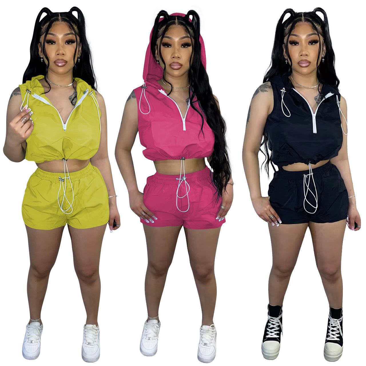 Women'S Fashion Casual Half Zip Hooded Sleeveless Two-Piece Shorts Set Women'S Clothing 6