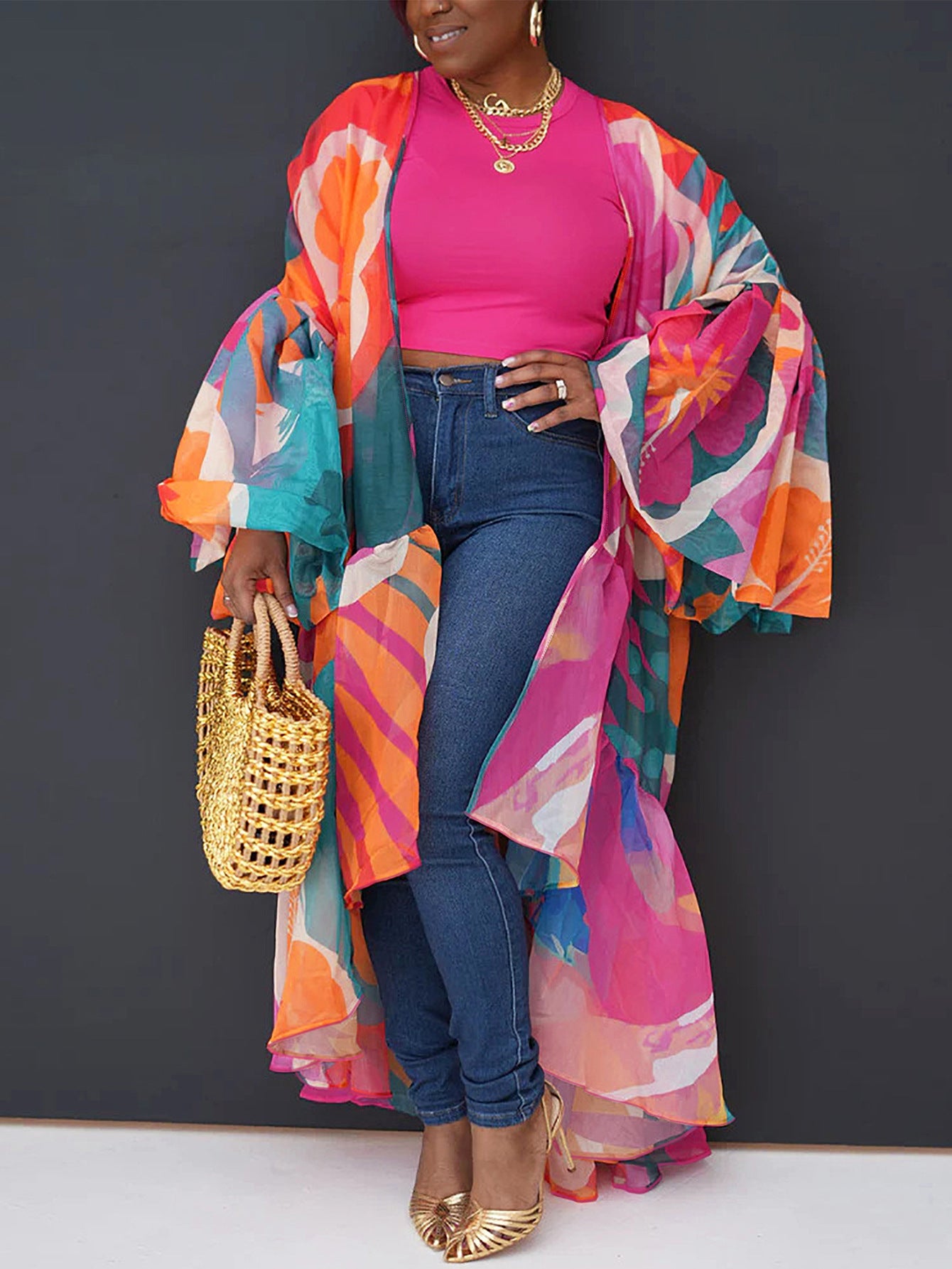 Casual Spring and Autumn Women's Lantern Sleeve Irregular Long Printed Coat 14