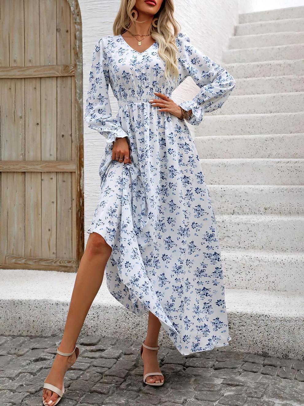 Autumn Women's Printed V-Neck Long Sleeve Fashion Long Dress 3
