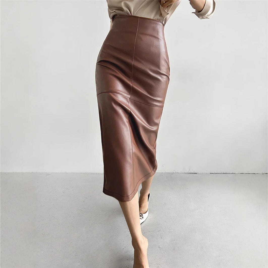 women's fashion spring autumn summer slit high waist straight Long Leather skirt 7