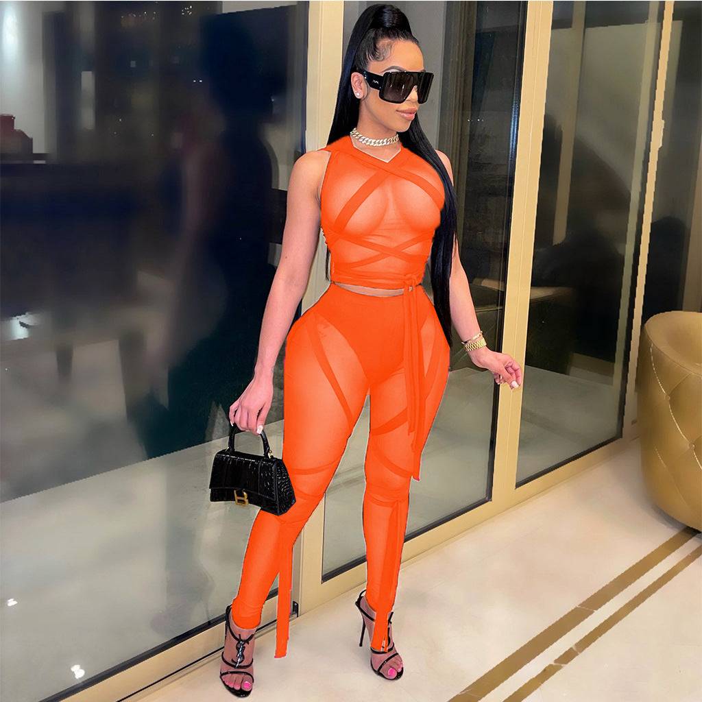 Women's Sexy Mesh See-Through Strap Solid Color Sleeveless Two Piece Set