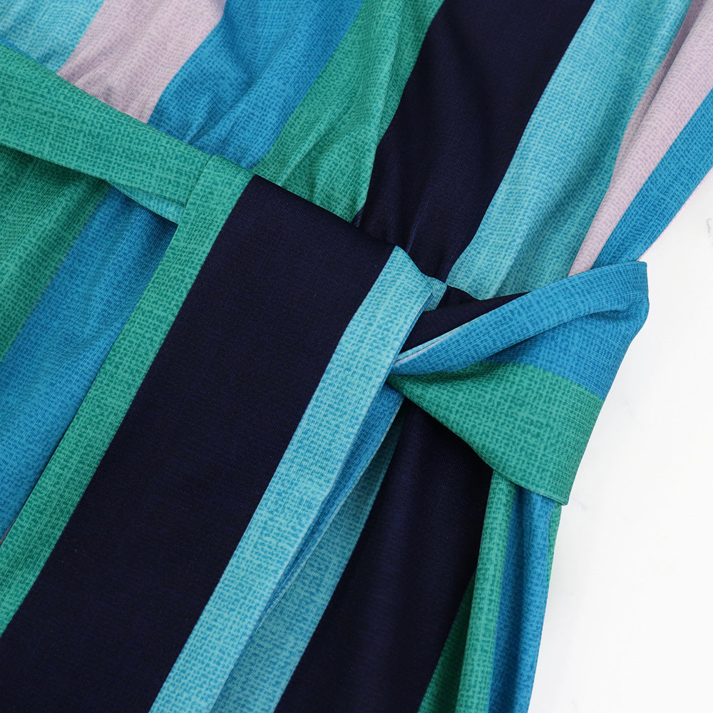 Women Striped Print Lace-Up Ruffle Sleeve Maxi Dress 9