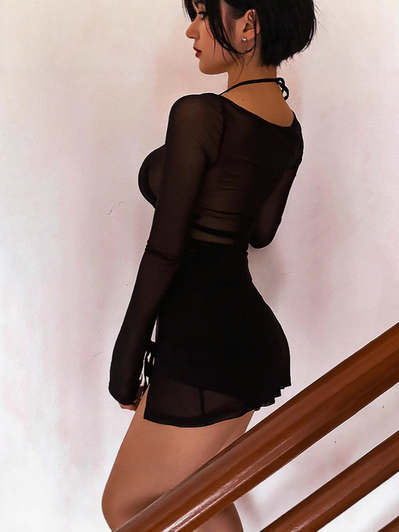 Women See-Through Sexy Mesh Long Sleeve Slit Dress 6